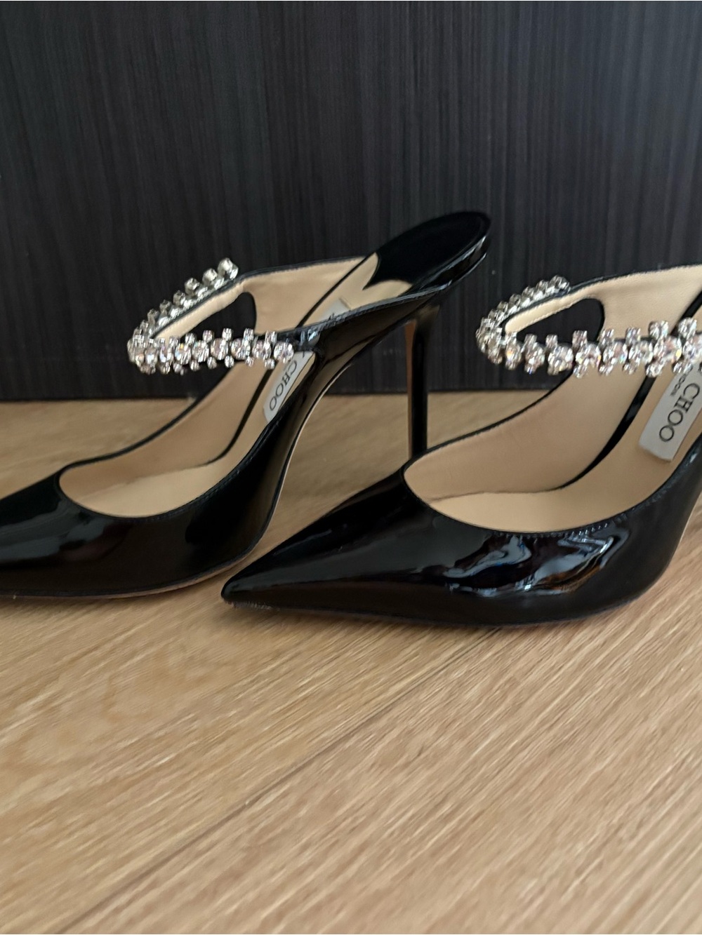 Jimmy Choo Black Patent Pointed-Toe Slingback Heels with Crystal Strap